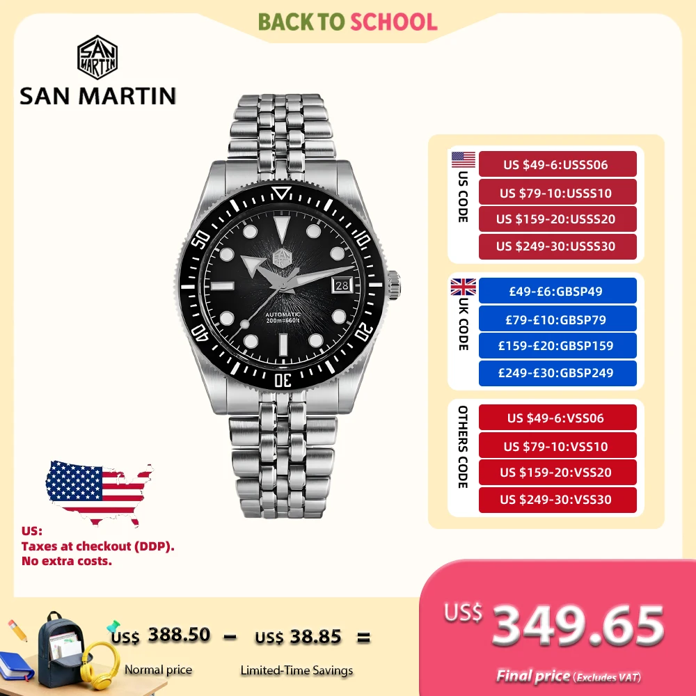 

San Martin 40 мм 9015 Градиент JianZhan Dial Мужские часы для дайвинга 3H Date Новый браслет с 5 звеньками на застежке Fly BGW-X1 20 бар SN0148