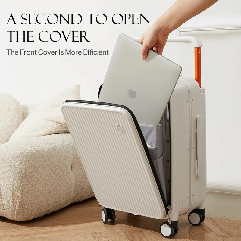 Front Laptop Pocket Suitcase Wide Handle Travel Suitcase Men 20''Carry-On Luggage Women PC Aluminum Frame Trolley Case 24''