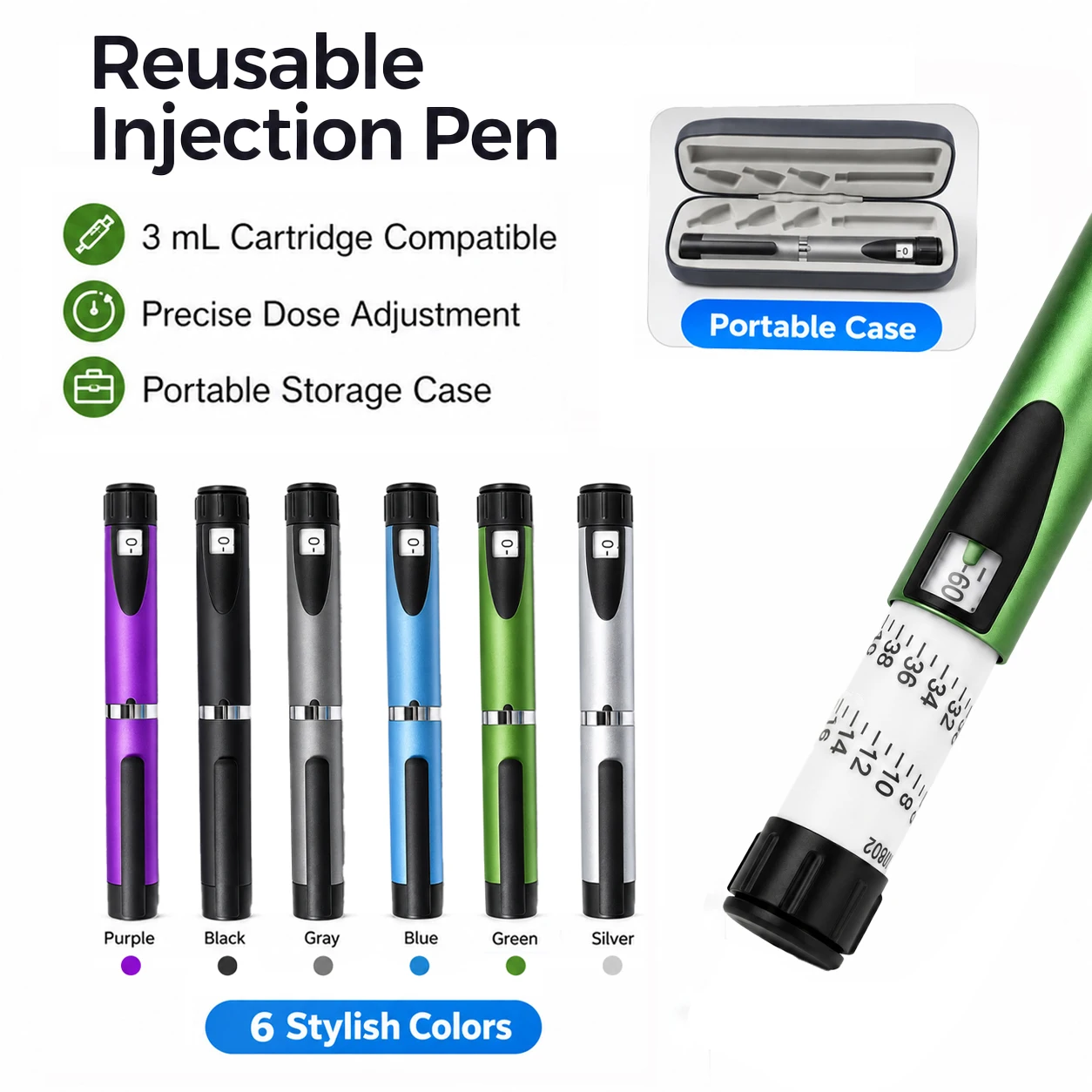 Reusable Metal Injection Pen 60IU Precise Dose Adjustable Dosing Portable Beauty Pen with Storage Case Fit 3ml Cartridge