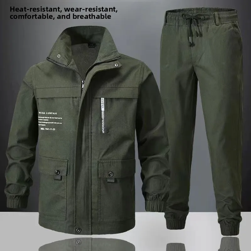 남성용 순면 작업복 세트 봄철 건설 현장 용접 작업복 화상 방지 일체형 산업 작업복