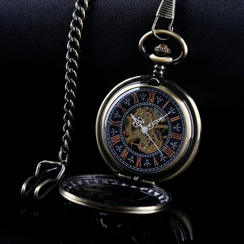 Retro Steampunk Skeleton Men Mechanical Pocket Watch Arabic Numerals Hollow Poker Pattern Half Hunter Bronze Pocket Clock Gift