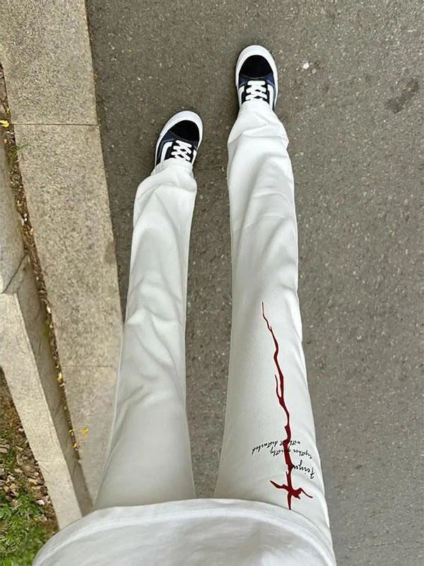 

American High Street Lightning Letter Print Men's Jeans Summer Hiphop Color Block Slimming Casual Flared Long Pants