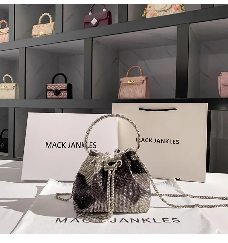 Fashion Gradient Color Bling Shiny Bucket Clutch Purse Crystal Rhinestones Diamond Evening Bag Luxury Women Handbag Shoulder Bag