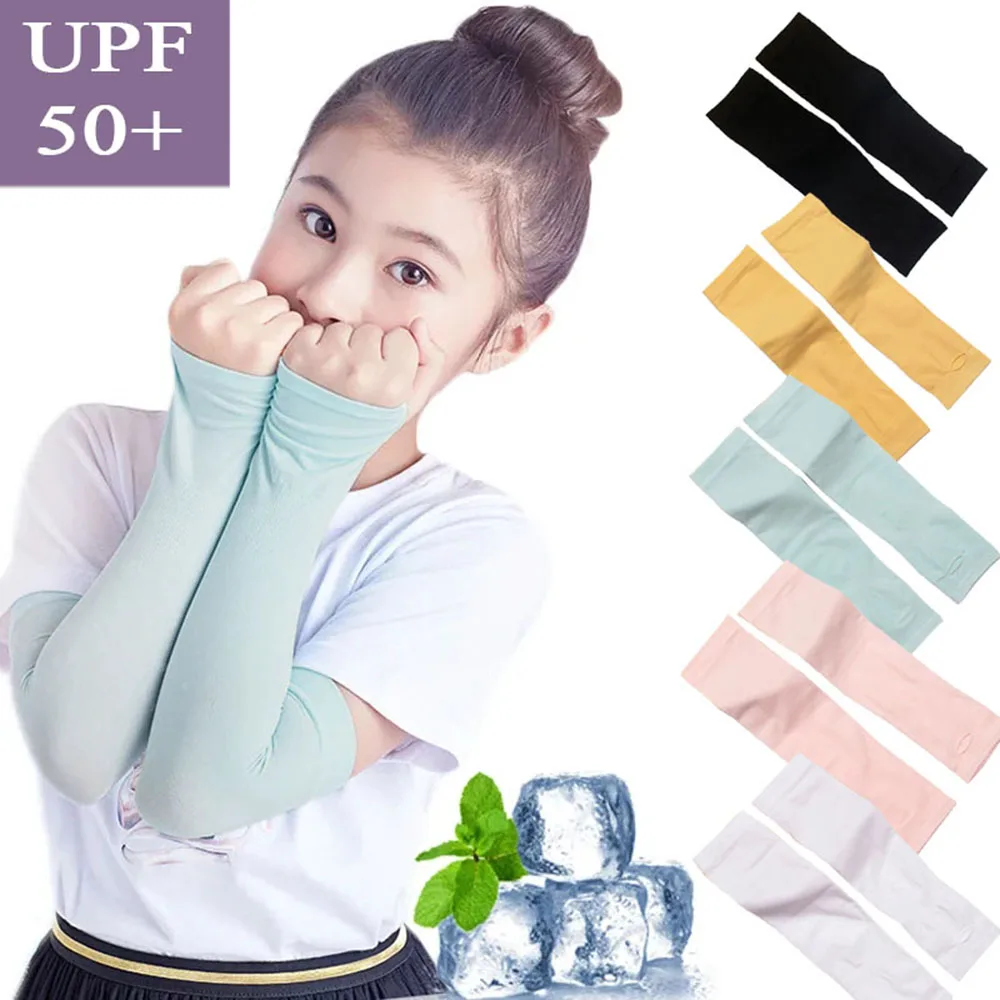 Mangas de brazo antiuv de seda de hielo para niños, calentadores de brazo de Color sólido, protección elástica contra quemaduras solares, cubierta