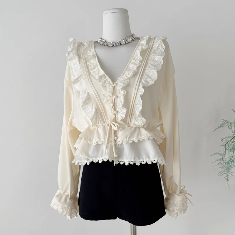 

Women Shirt Loose Casual Ruffled Edges Female Vintage Drawstring Blouses V Neck Lace Up Mid Length Woman Shirts Spring Fall 2025