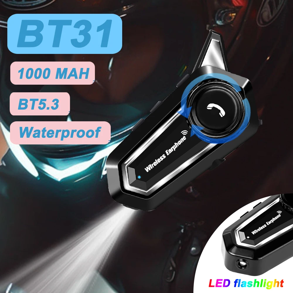 High Brightness LED Light Motorcycle Helmet Headset Rotary Control Butoon Wireless Headphone BT31 Waterproof Motor Earphone