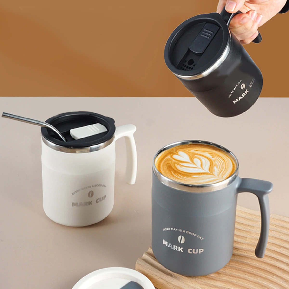 كوب قهوة معزول على الحائط مزدوج 500 مللي مع مقبض للمكتب المدرسي 304 كوب شرب مختوم من الفولاذ المقاوم للصدأ أدوات للشرب المحمولة ﻿