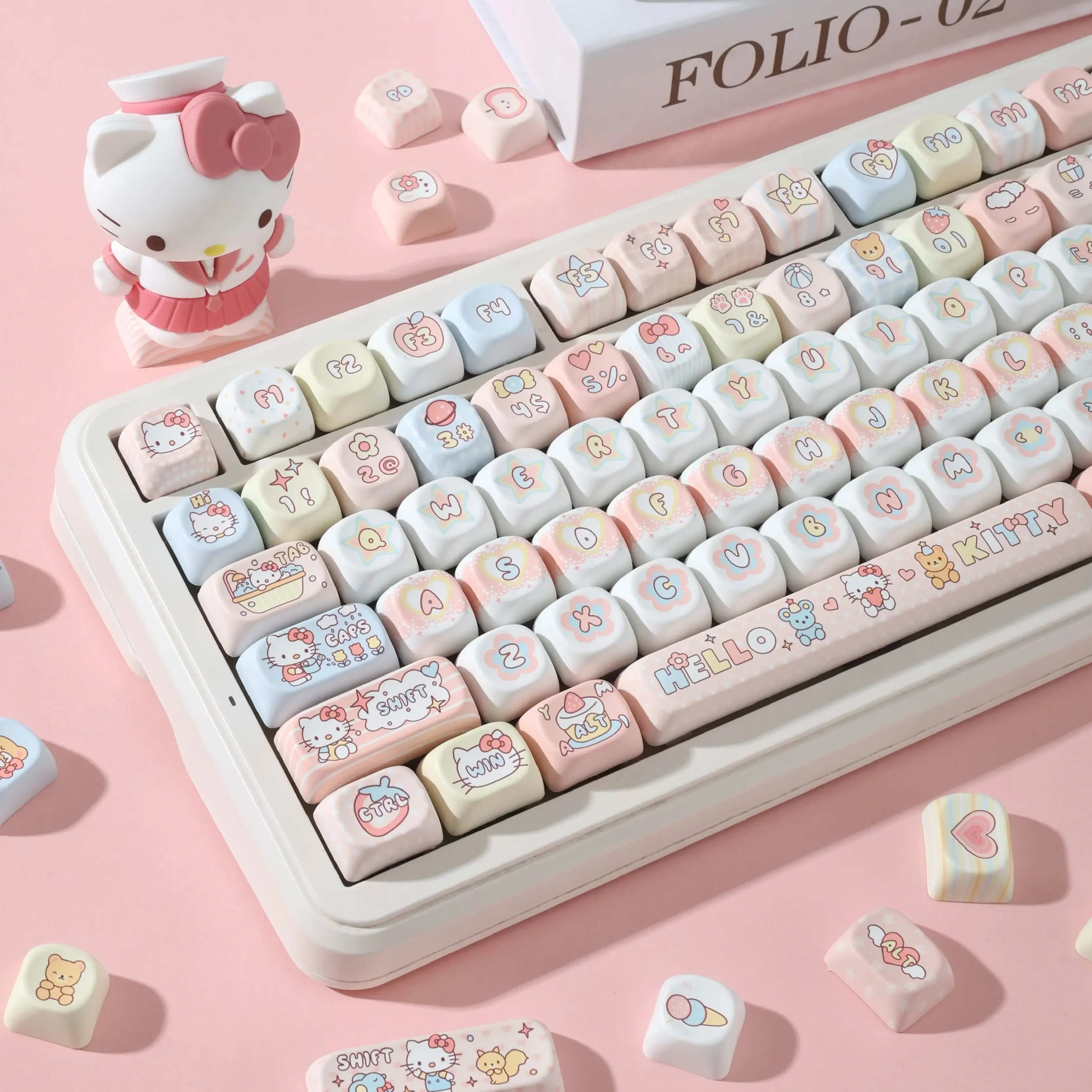 125 Key Anime Hello Kitty Pink Keycaps MOA Profile PBT Sublimation Custom Keycaps for MX Switch Mechanical Keyboards 87/99/108