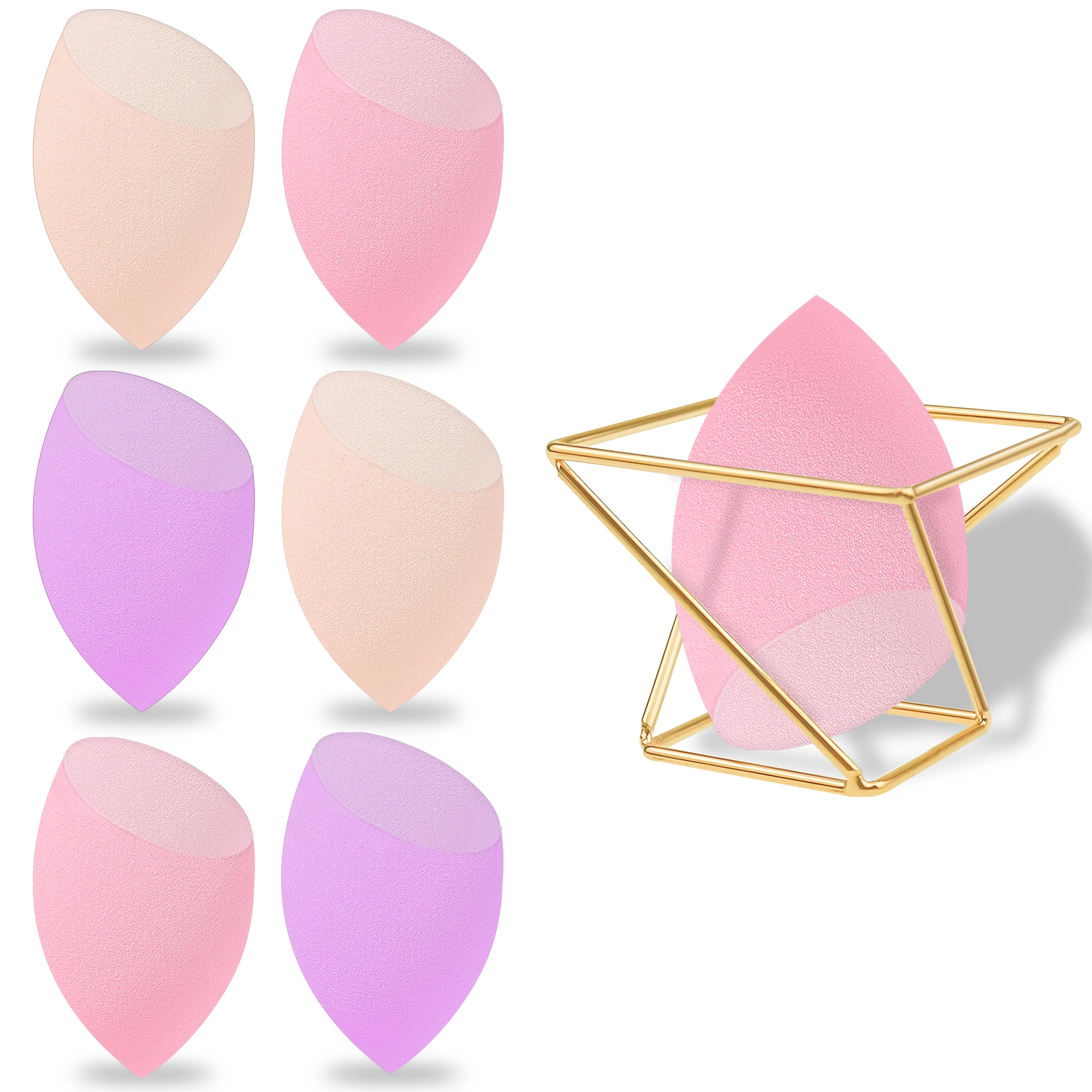 6-delige make-upsponsset + metalen houder, latexvrije schoonheidsspons voor het mengen van foundation, vloeistof, crème en poeder