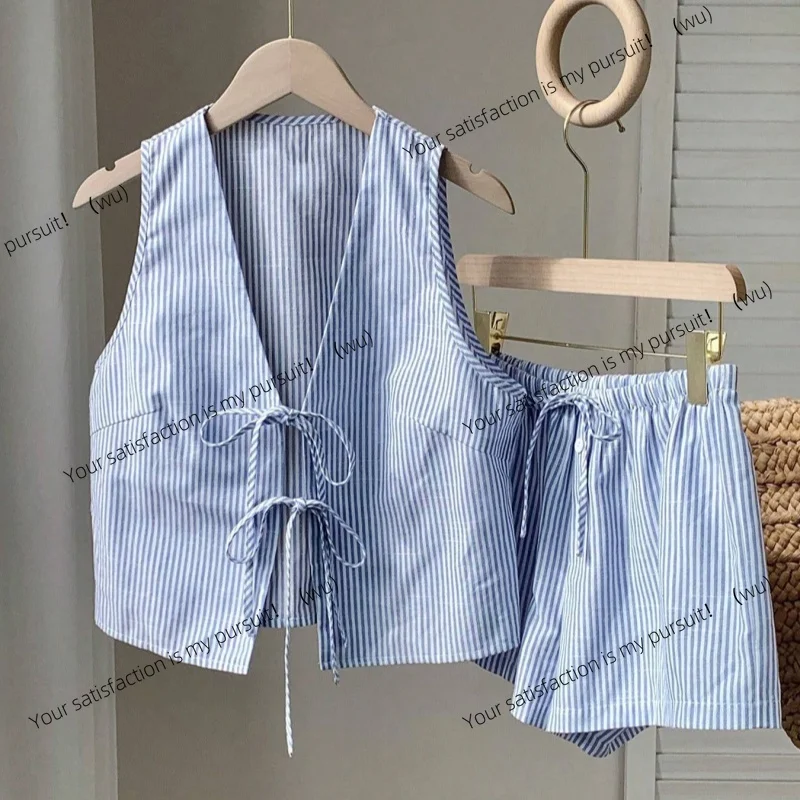 

ZOCI-French style minimalist design two-piece set, blue striped cute bow lace-up vest vest and shorts