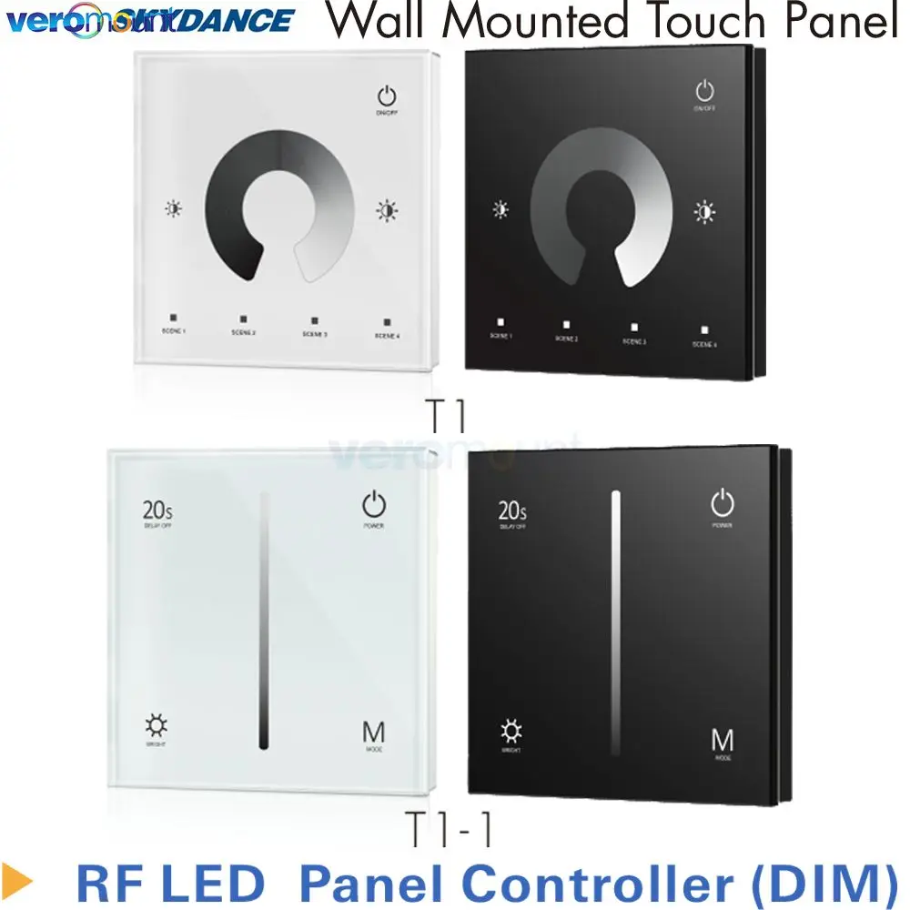 Skydance 12V 24V Panl Dimmer T1 T1-1 T1-K Black White Wall Mount Touch Panel 2.4G RF Remote Control for Single Color LED Strip