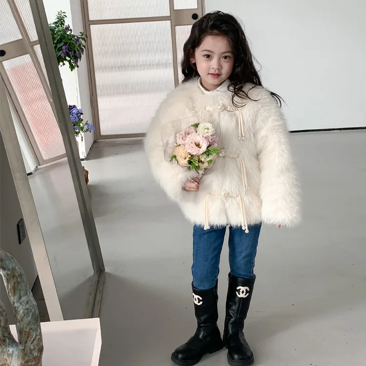 

Girl's fox fur grass children's clothing winter clothing women's treasure pearl button clip cotton fur coat temperament socialit