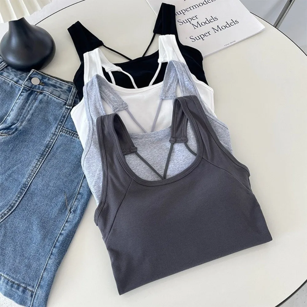 Sleeveless U Neck Built-in Bra Tank Tops Ribbed Backless Slim Fit Camisole Crop Built-in Bra Sleeveless Bustier Daily Outfit