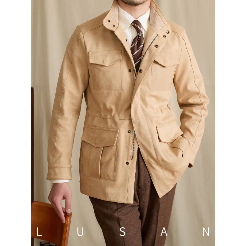 

Mr. Lu San Autumn Winter Stand Collar Faux Suede Slim Waist Hunting Jacket Commuter Mature Casual Coat Trendy Men