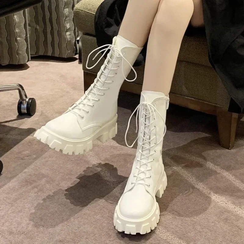 Winter Thick-soled Motorcycle Boots 2024 New Womens Lace-up Casual Design Mid-calf Boots British Style Solid Color Fashion Boots