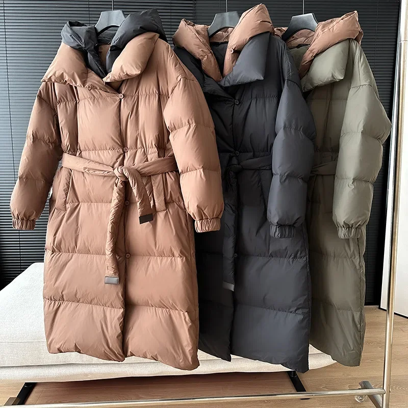 Winter Women Fake Two-piece Detachable Hooded Puffer Jacket Luxury Long 90% White Duck Down Coat Thick Warm Windproof Snow Parka