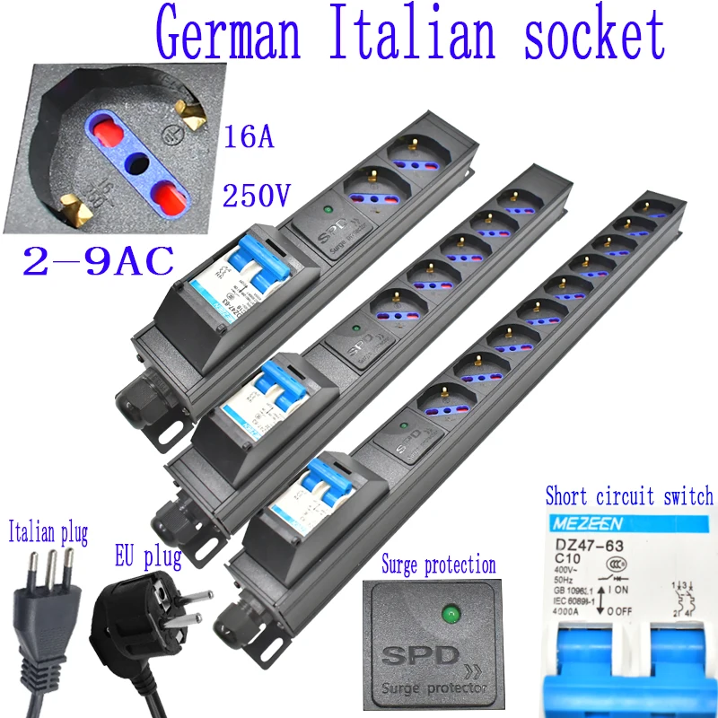 

Плата питания PDU из алюминиевого сплава, 2-9 блоков, переключатель короткого замыкания, немецкий итальянский разъем, шнур питания 2 м с защитой от перенапряжения