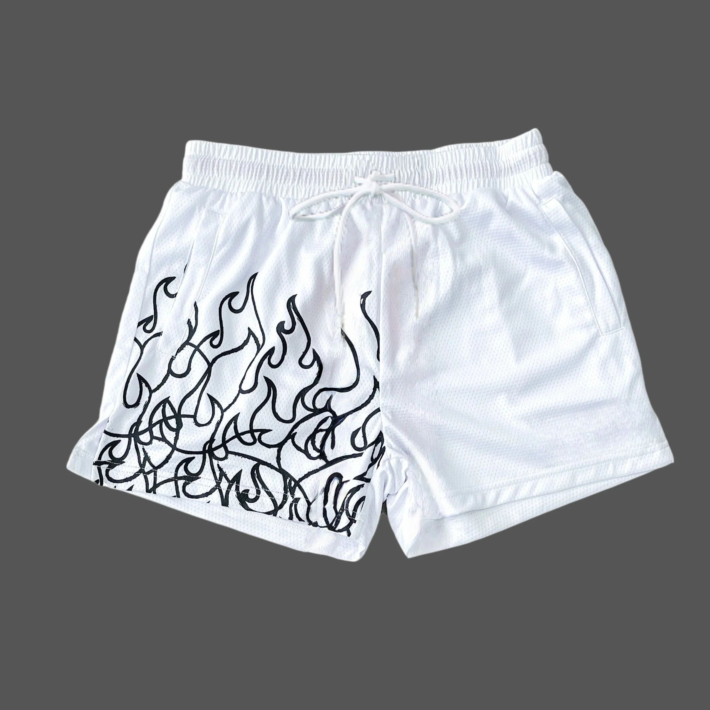 Sommer-Sonderangebot Unisex Mesh Schnelltrocknende Shorts Hip-Hop Flammen-Graffiti-Print Kordelzug Lose Sport-Basketball-Streetwear-Shorts – Detail 7
