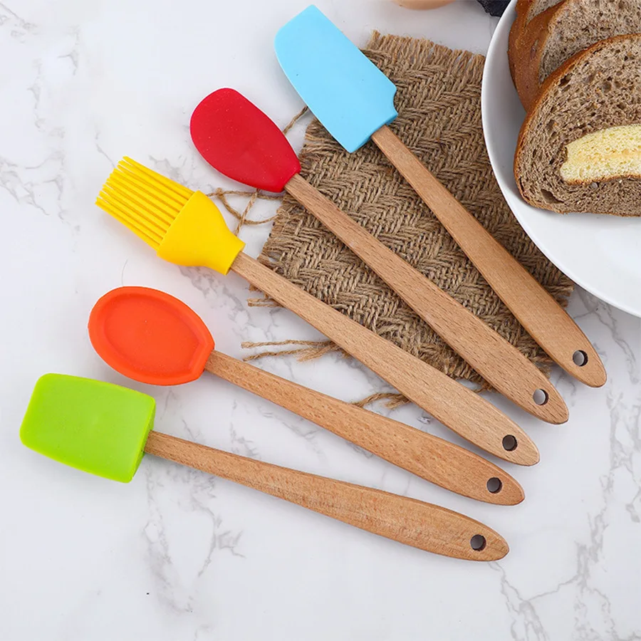 

Silicone Bamboo Handle Kitchen Baking Tools, 5-Piece, Multi-Functional, Suspension Scraper, Brush, spatula