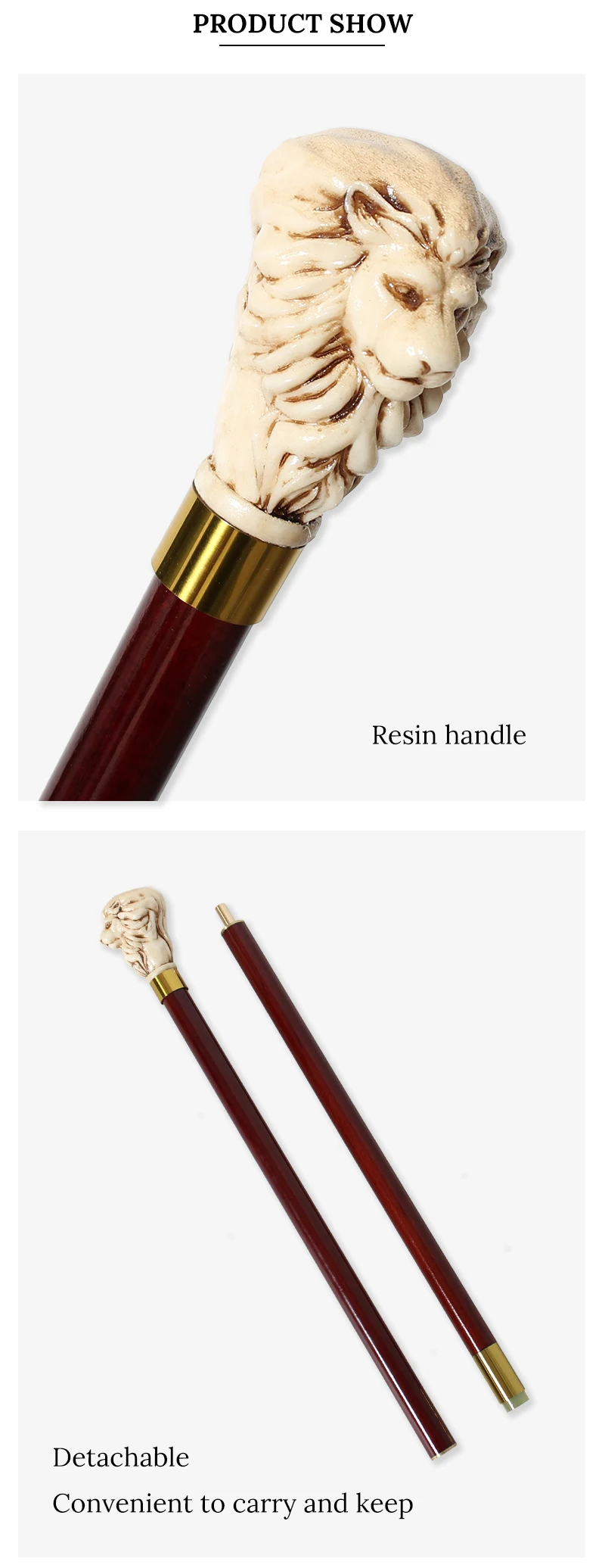 Antique Resin Lion Head Walking Stick Red Wood Detachable Walking Cane Elegant Decorative Party Accessory for Men And Women