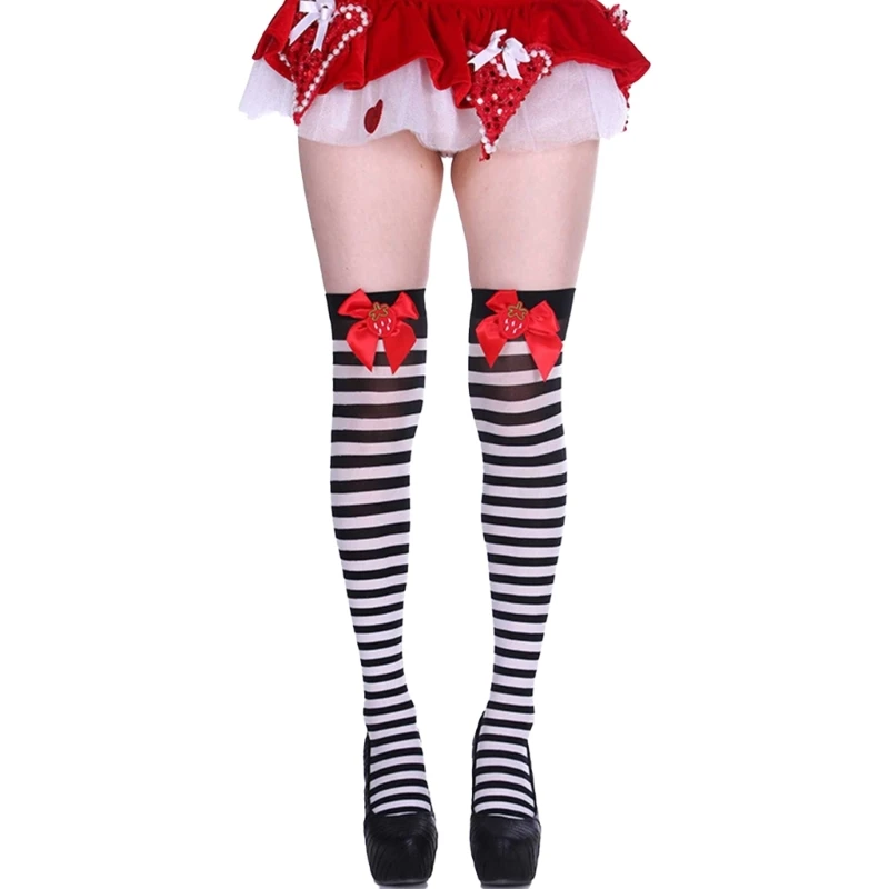 Ribbed Fabric Thigh High Long Socks with Strawberry Bowknot for Women Striped Over Knee Stockings Roleplay Party Drop Shipping