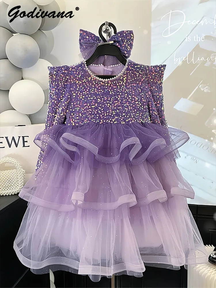 Sweet Baby Girls 2026 New Spring and Autumn High End Heavy Princess Dress Kids Fleece Lining Sequin Mesh Patchwork Party Gown