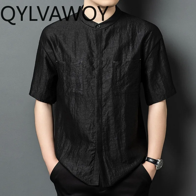 QYLVAWOY 100% Mulberry Silk Men's Shirts Black Shirt Short Sleeve Shirts for Man Summer Tops Stand Collar T Shirt Homme Camisas