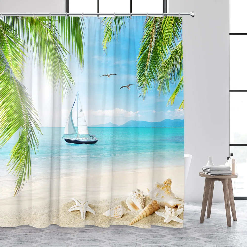 Beach Shower Curtain Blue Ocean Starfish Conch Shell Sunset Island Landscape Bathroom Curtains Decor Polyester Fabric with Hooks