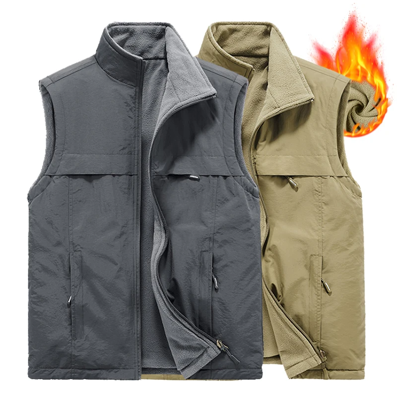 Mens Double-sided Fleece Vest Winter New Windproof Warm Multi-pocket Utility Work Vest Outdoor Hiking Safari Tactical Cargo Vest