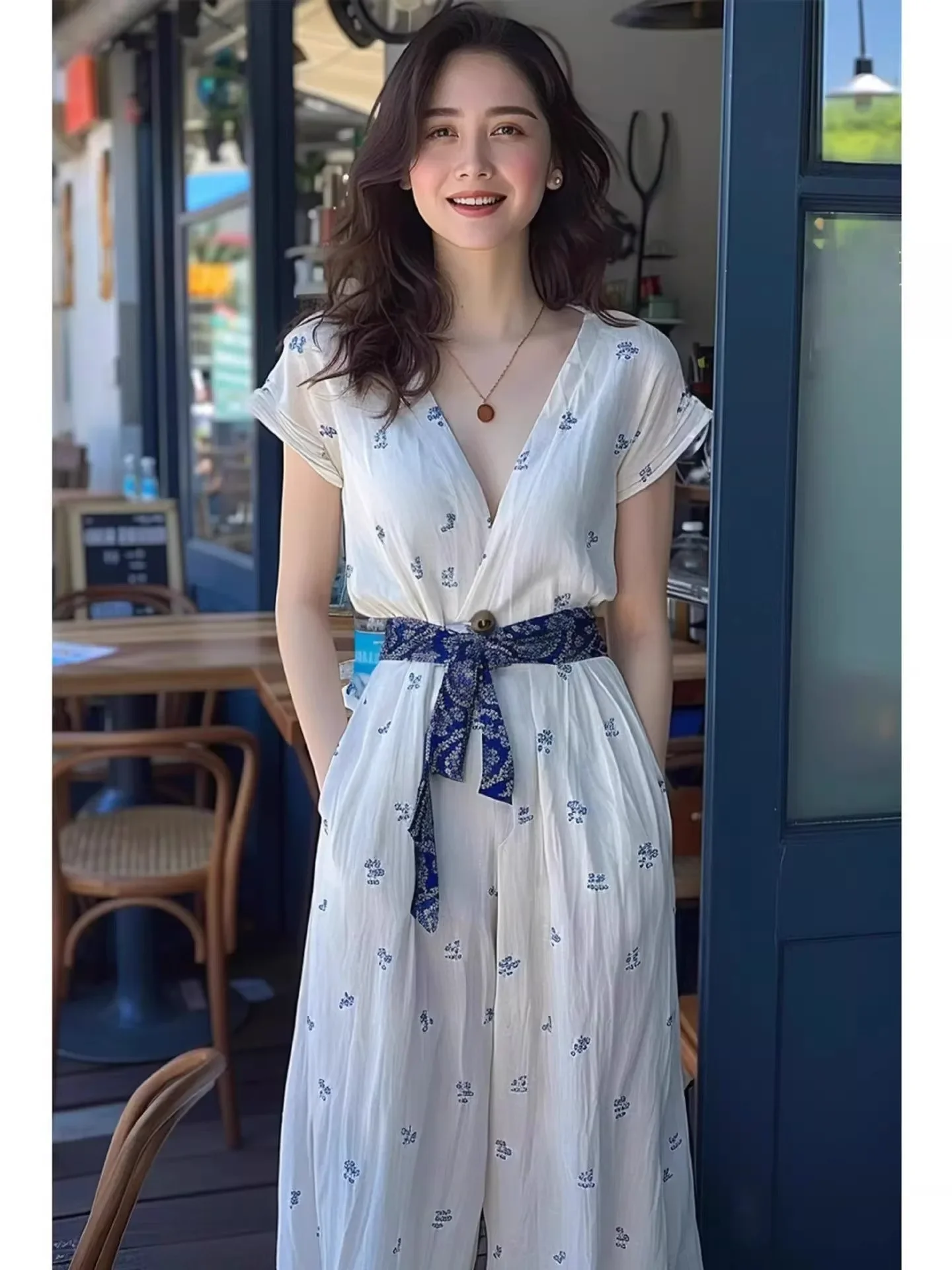 French Exquisite And Dignified Fashionable Jumpsuit For Women In Summer, New High-End Printed Cotton And Linen Jumpsuit