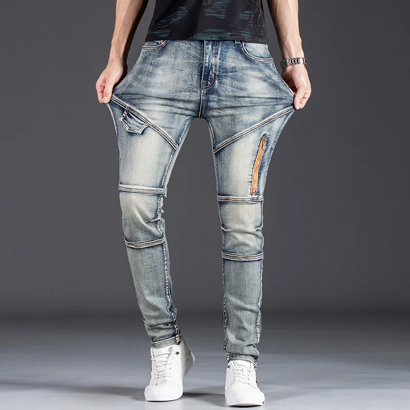 Jeans denim Marchio di moda da uomo Slim Brand Design Stile motociclistico Pantaloni lunghi modello retrò artigianale con cerniera personalizzata