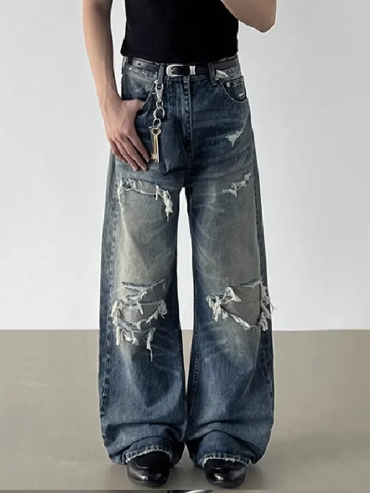 

Retro Harajuku Sle Men's Jeans Fake Hole Patch Design Loose Knife Denim High Waist Tear Resistant Autumn Faion Brand