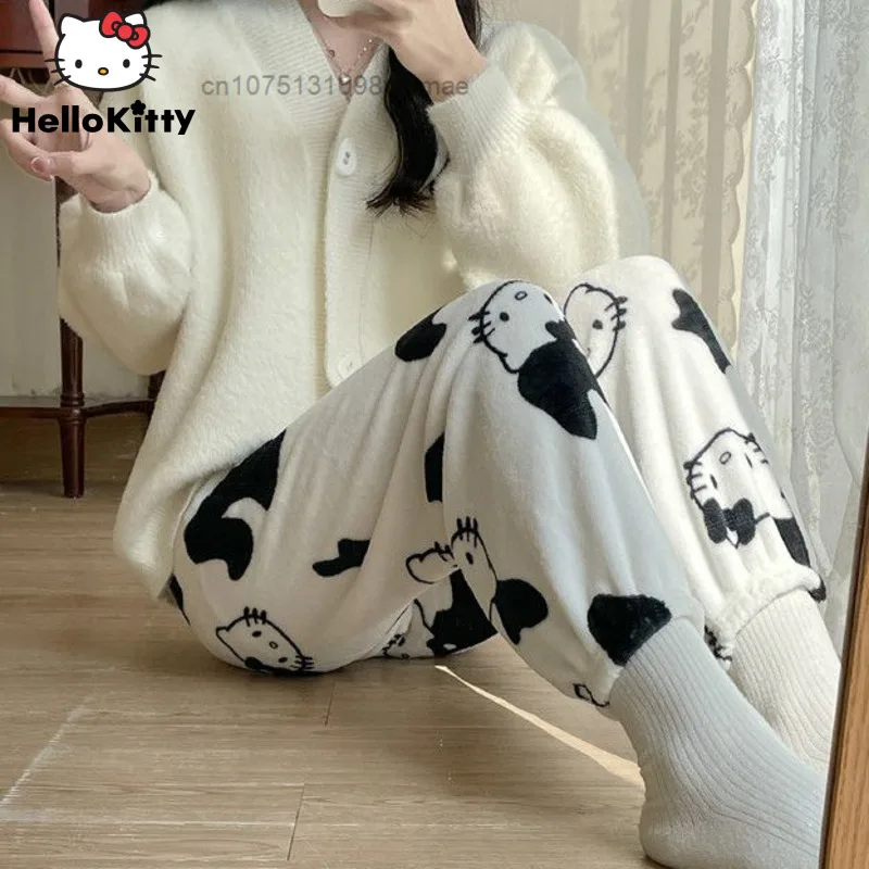 Sanrio Hello Kitty Cute Plush Fuzzy Sleep Bottoms for Women Y2k Warm Pajama Pants Casual Home Sleepwear Pants Winter Trousers