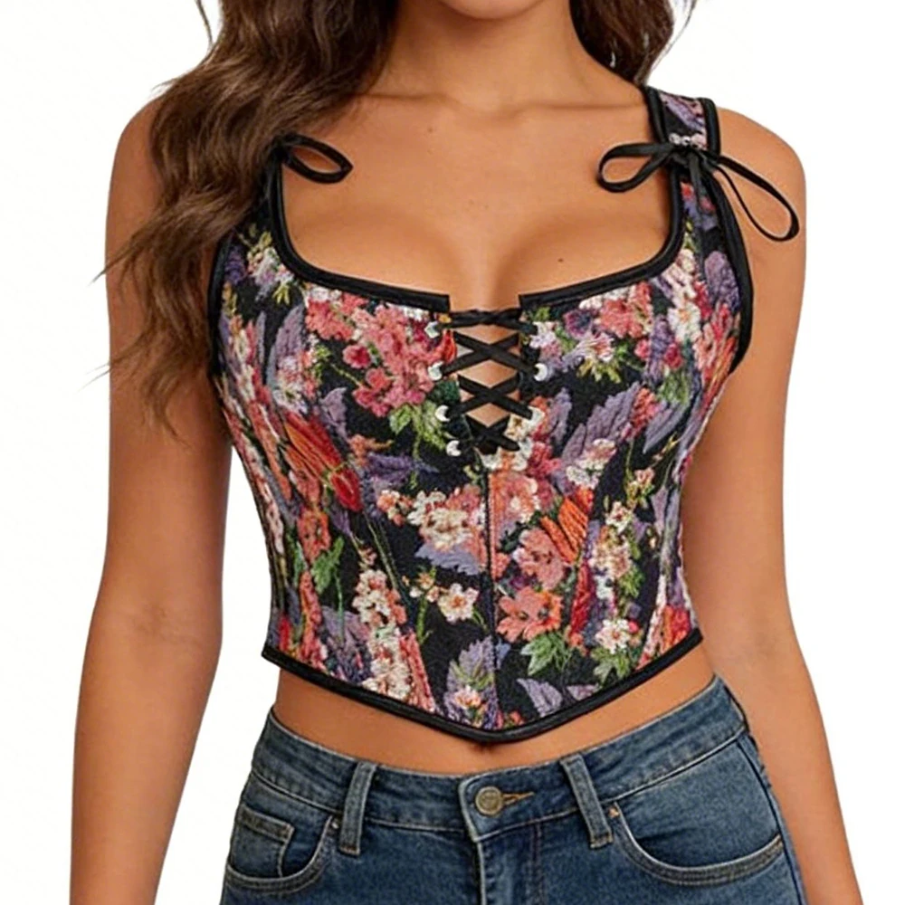 

Корсет-бюстье для женщин больших размеров в готическом стиле, черный, с цветочным принтом, с эффектом утяжки талии, сексуальный, винтажный, с бретелями