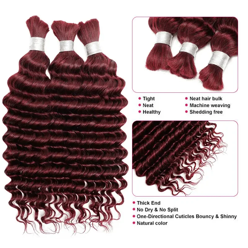 Extensions de cheveux brésiliens Remy, Deep Wave, Tresses Boho non transformées, Sans trame, 100% cheveux humains, Tressage en vrac