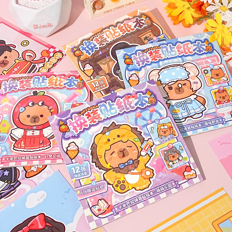 16 Sheets Cute Capybara Paper Dress Up Sticker Book, Cartoon Animal Outfit Change Journal Stickers
