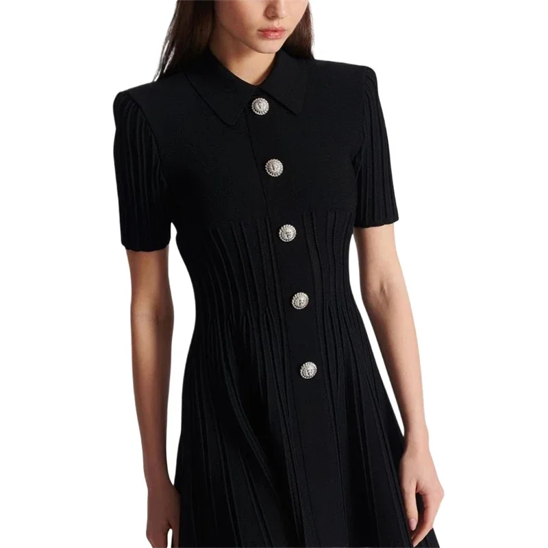 Classic Luxury B New Women\'s Dresses Lapel Beaded Button Tops Short-sleeved High Quality Fashion Vintage A-line Knitted Skirt