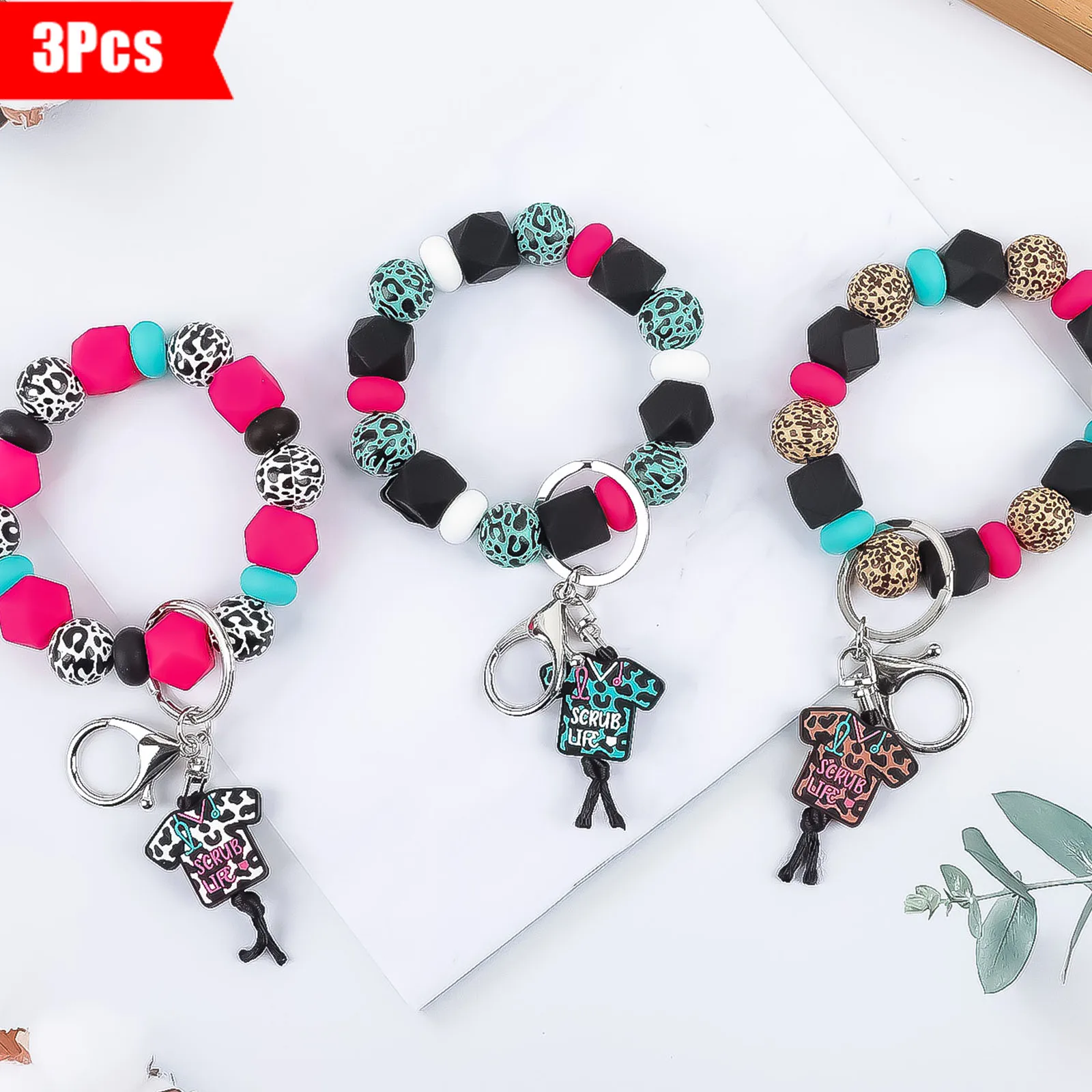 3pcs/set minimalist leopard print beaded wrist key ring, nurse uniform keychain, gift for Nurses' Day