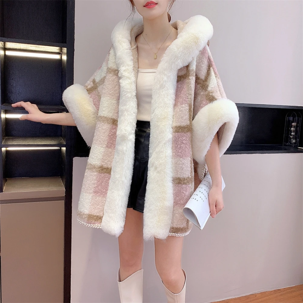 4 Colors Winter Thick Warm Velvet Oversize Cloak Women Striped Long Faux Rabbit Fur Loose Poncho Cape Fashion Overcoat With Hat