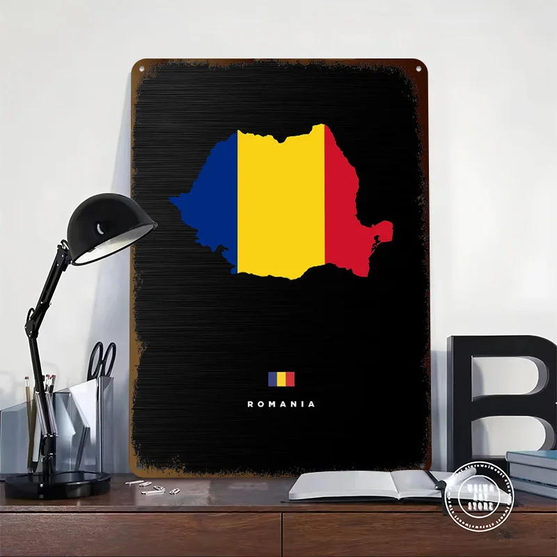 Romania Map With Flag Tinplate Posters Customizable Wall Art Retro Vintage Metal Signs for Home Room Office Decoration Gaming
