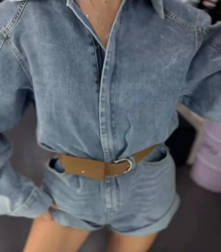 Women's Washed Denim Romper Long Sleeve Cuffed Lapel Collar Short Jumpsuit Casual Loose Jean Vintage Playsuit Trendy Arrival New