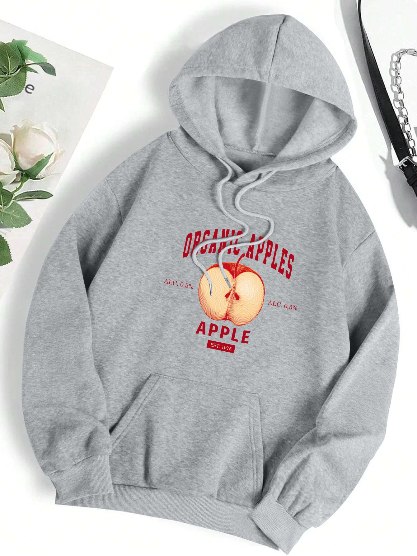 Organic Apples Fruits Est 1975 Print Hoody Women Pocket Y2K Fleece Hoodie Autumn Multicolor Sportswear Hip Hop Loose Clothes