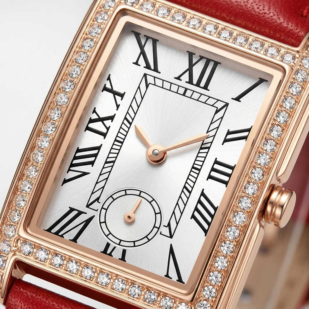 Fairwhale Ladies Quartz Watch Rectangle Roman Numeral Dial Small Seconds Rhinestone Bezel Leather Strap Female Wristwatch