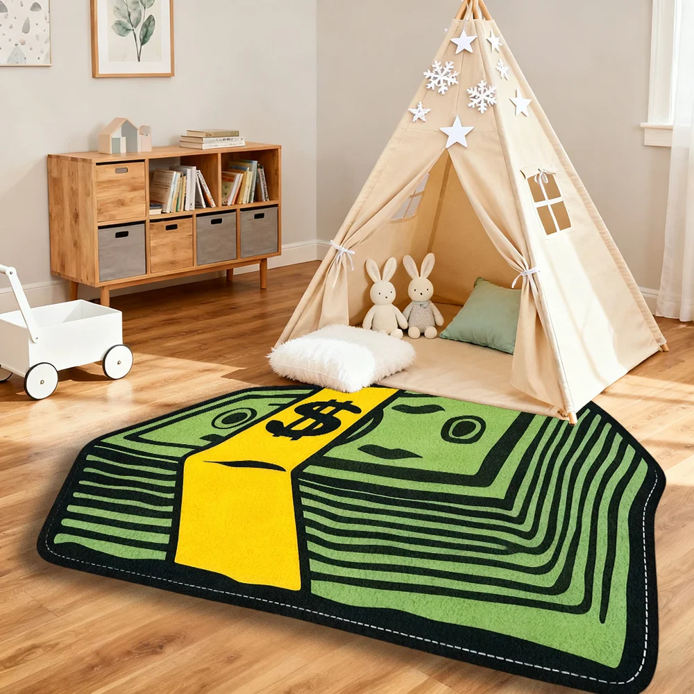 VIKAMA Novelty Dollar Bill Shaped Play Mat Cartoon Money Sign Non Slip Absorbent Irregular Rug Nursery Playroom Floor Decor Mat