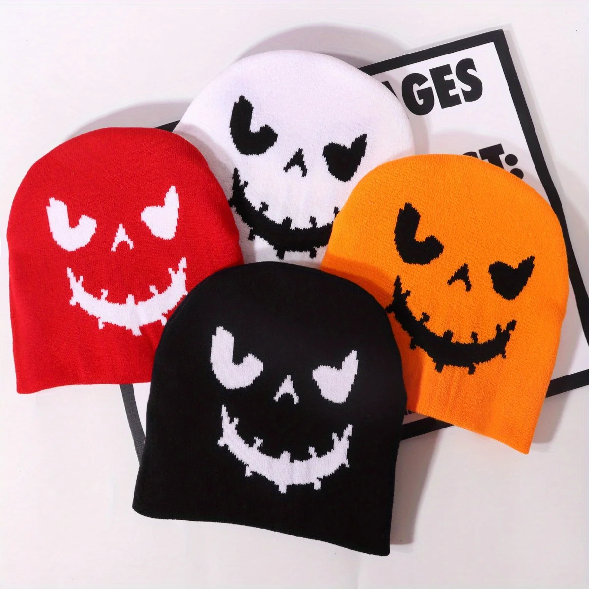 Unisex Pumpkin Face Embroidered Beanie Soft Warm Elastic Knit Hat Coldproof Cartoon Ghost Cap for Halloween Skiing Outdoor Activ