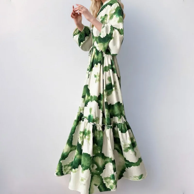 Lemongor feminino elegante verde impresso maxi vestidos mangas puff com decote em v gravata cintura em camadas bainha solta vestido longo de noite 2026 novo