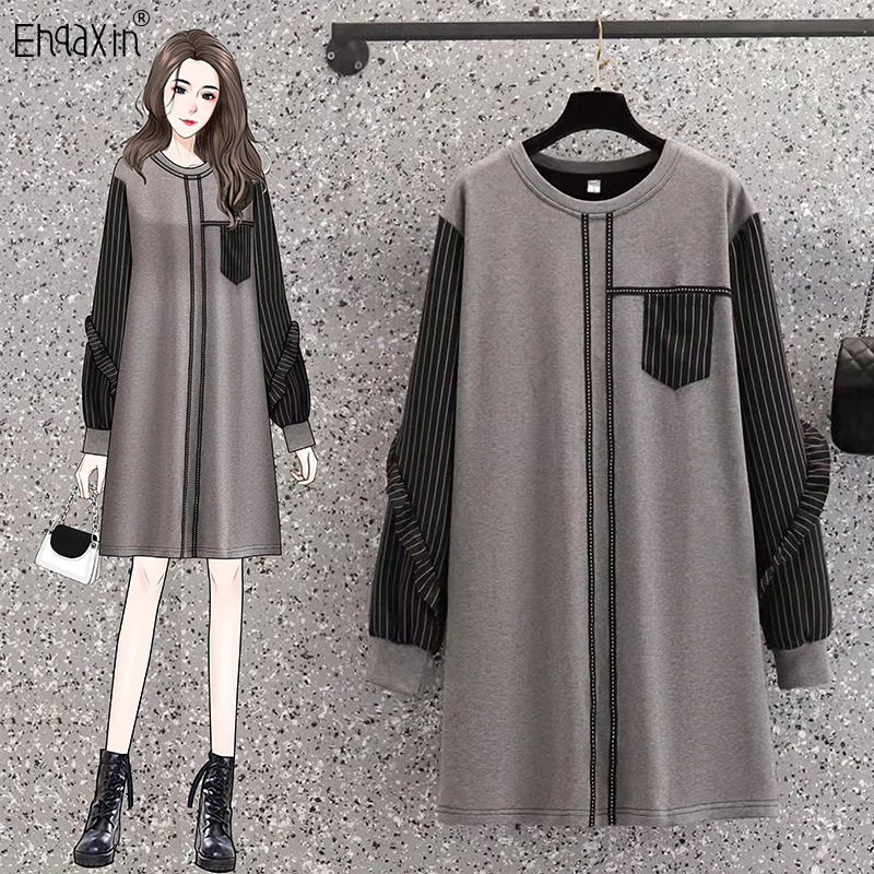 

EHQAXIN 2022 Autumn Winter New Women's Dress Fashion Korean Casual Thickened Loose Stripe Splicing Dresses For Ladies L-5XL