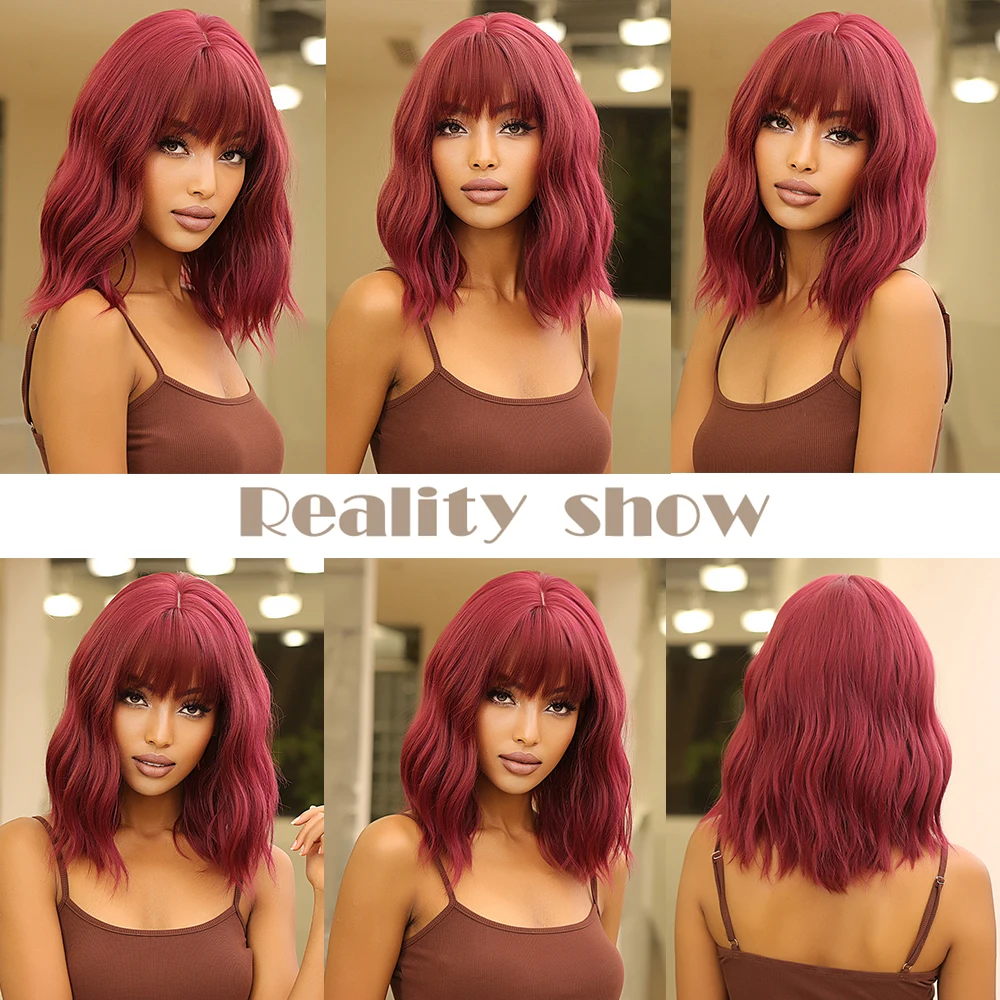 Women‘s Short Bob Synthetic Wigs Wine Red Cosplay Wig With Bangs Body Wave Natural Hair Party Lolita Wig Heat Resistant Fiber