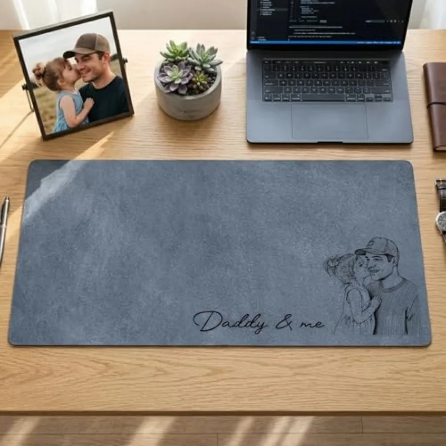 

We Love You Custom Photo Sketch Line Art Fathers Day Gift for Husband, Dad - Personalized Desk Mat, Non-Slip PU Leather Blotter