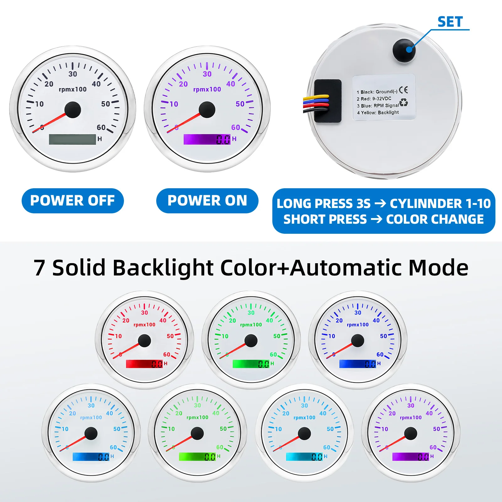 ZMFJH Pointer 85MM Tachometer 7 Color Light Gauge for 4-12 Cylinder Auto Car Boat Yacht 3000RPM,4000RPM,6000RPM,7000RPM,8000RPM